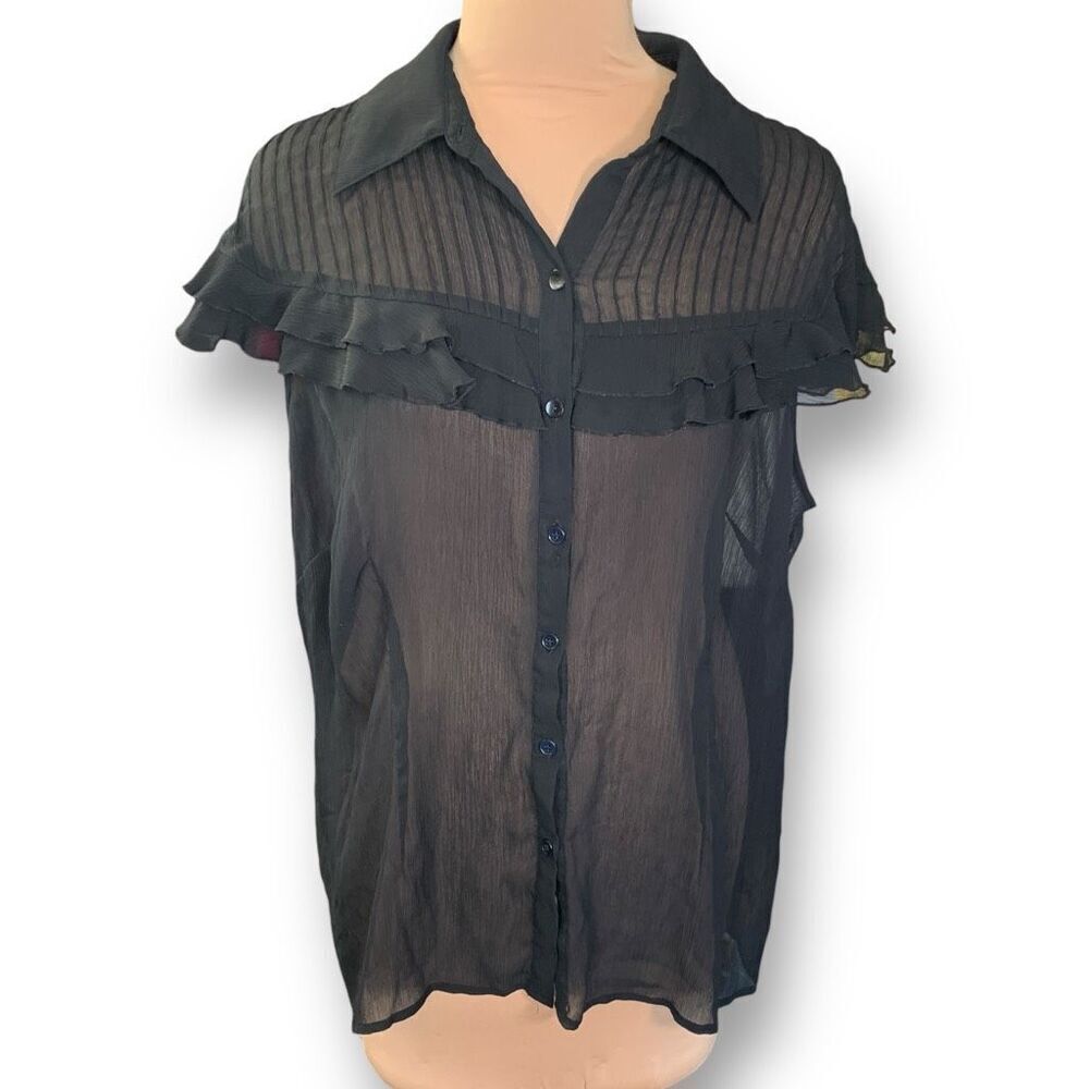 Torrid Shirt Sheer Black Chiffon Ruffle Short Sleeve Button Front Collared Top